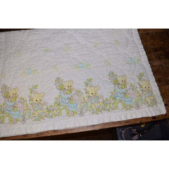 Vtg Baby Blanket Crib Quilted  42x32 Teddy Bears Satin trim Blocks beach balls - Picture 6 of 11